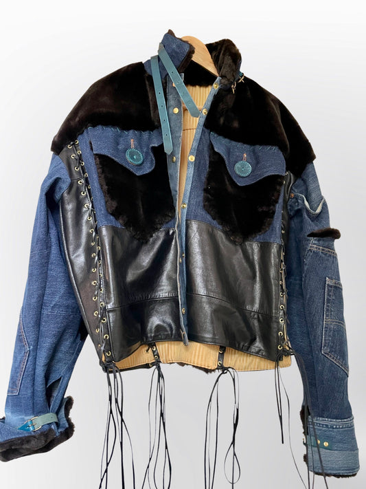 Aviator Denim/leather/faux fur jacket
